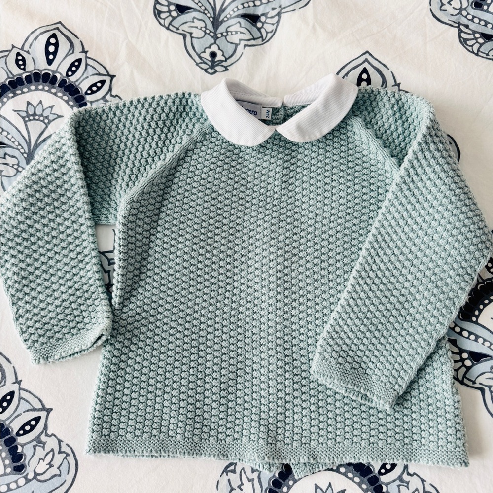 Light Aqua Knit Sweater with White Collar and pearl buttons down the back.